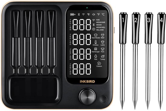 Zwarte digitale vleesthermometer met gouden rand, 4 zilveren sondes naast het apparaat. Het scherm toont temperaturen en voedseltypes.