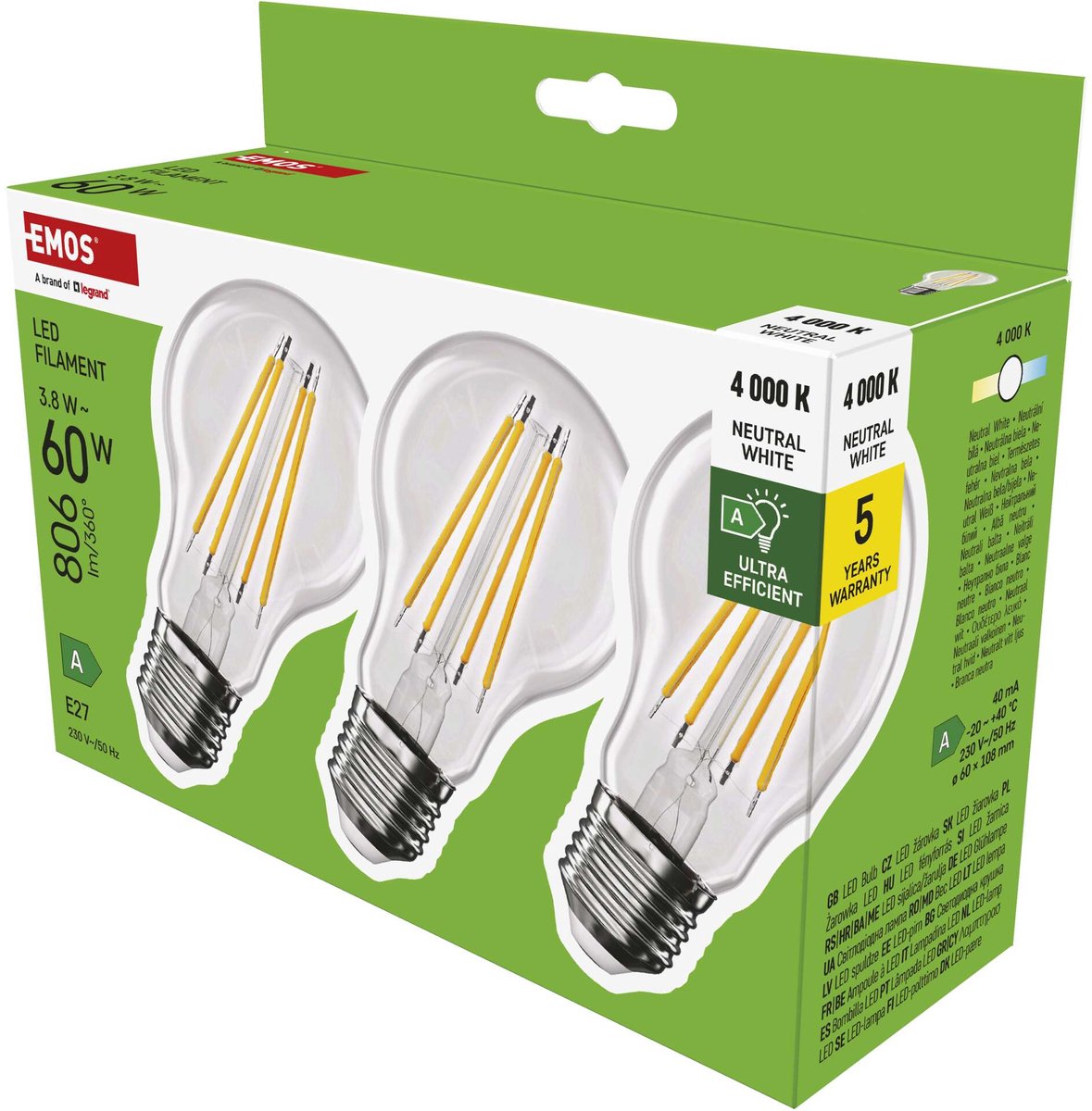 EMOS LED-lamp Filament A60 A-klasse / E27 / 3,8 W (60 W) / 806 lm / neutraal wit / 3 stuks, ZF5148.3