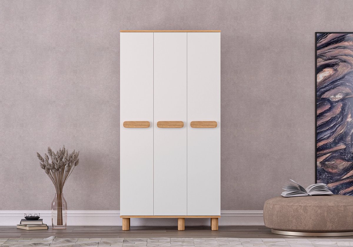 MILA KLEDINGKAST MET 3 DEUREN – WIT EIKEN – Kledingkast Slaapkamer – Grote Kledingkast – Opbergkast – Garderobekast – Kleding Opbergen – Ruime Kast – Moderne Kast – Kast met Deuren
