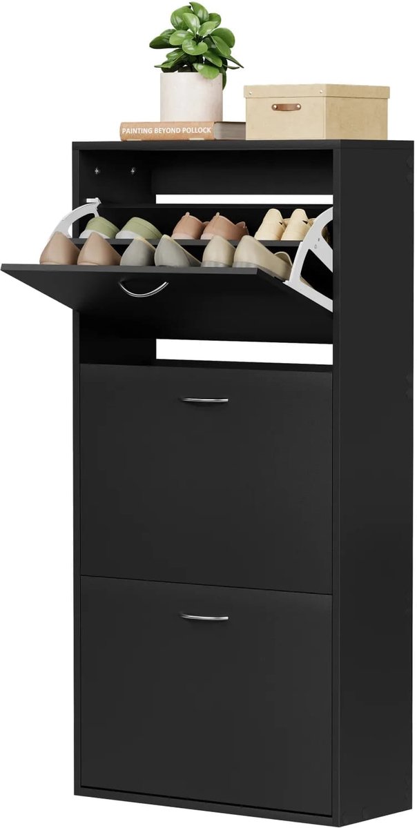 Klarven® Schoenenkast Zwart - Smalle Schoenenkast - 14-18 Paar Schoenen, Verstelbare Scheidingswanden Ook Voor Laarzen - B 58 x D 23 x H 118 cm