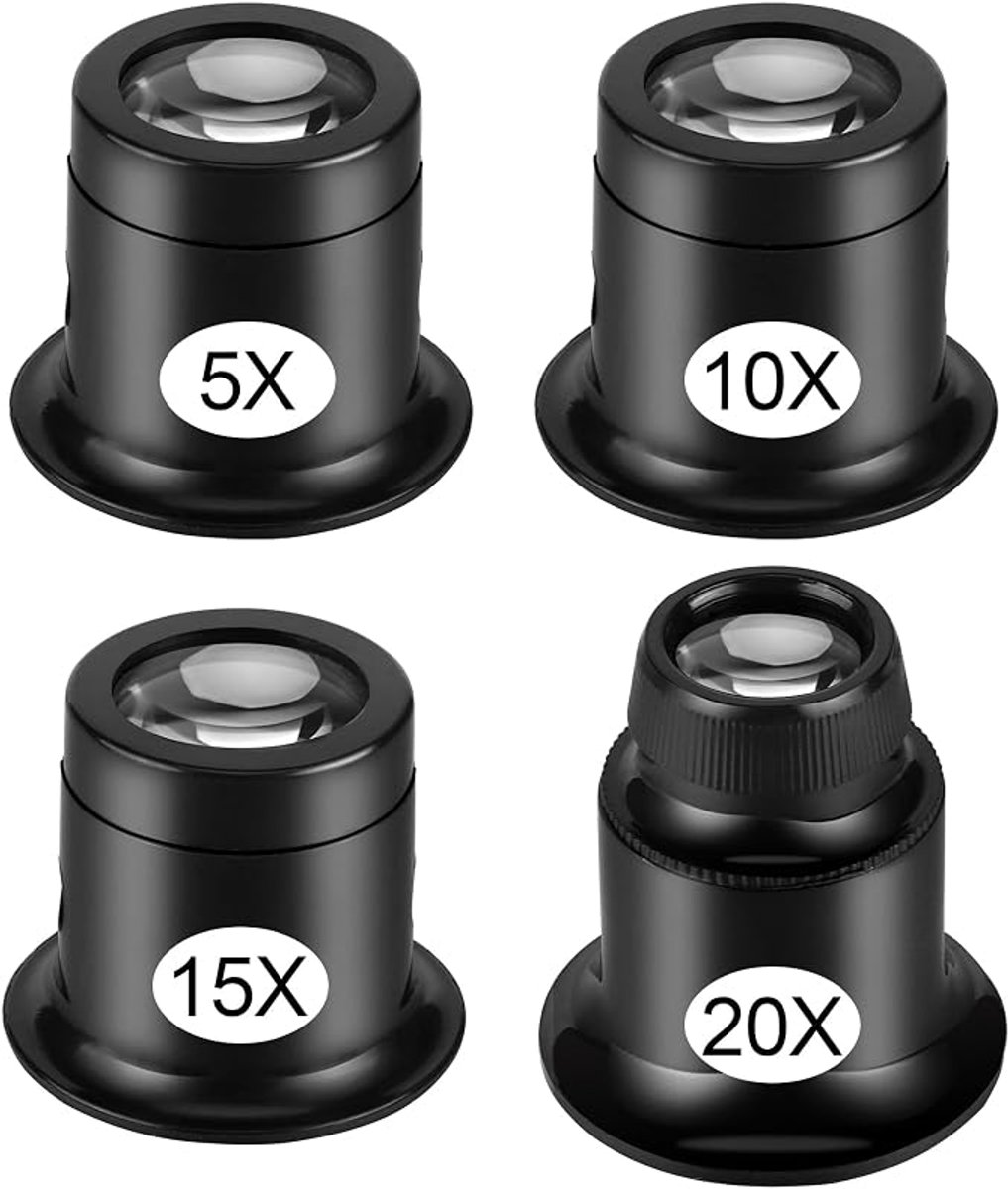 4-delige set horlogemakersloepjes (5x/10x/15x/20x), juweliersloepjes, sieradenloepjes en oculairs voor sieraden. Geschikt voor horloges, sieraden, munten en elektrische werkzaamheden.