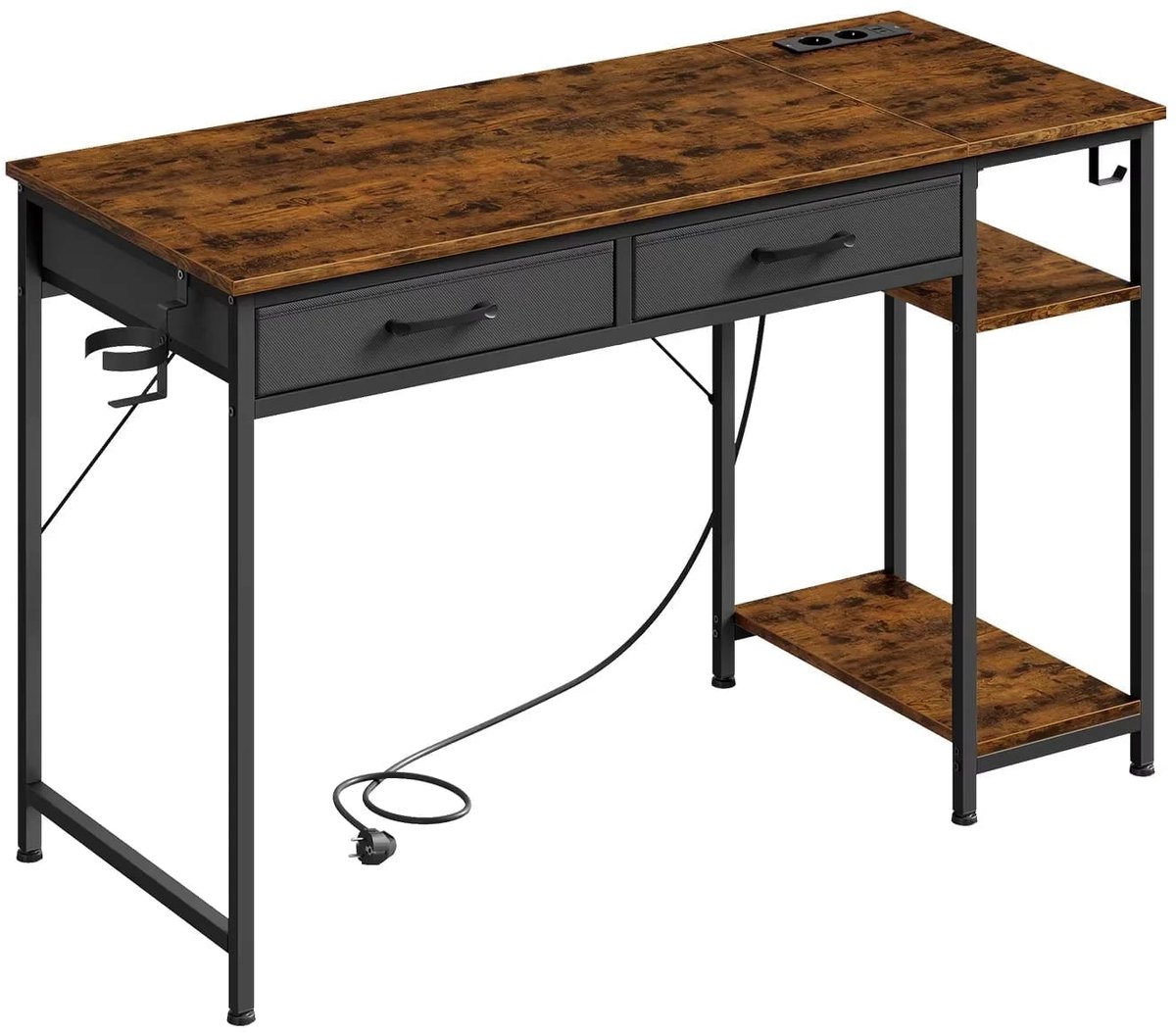 Klarven® Werktafel Rustiek bruin - Oplaadstation met USB en USB-C - Koptelefoon- en bekerhouder, draagvermogen 80 kg - Metalen frame B 120 x D 51 x H 75 cm