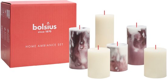 Bolsius - Marmer kaarsen set - Marble - Royal Burgundy - 6 stuks