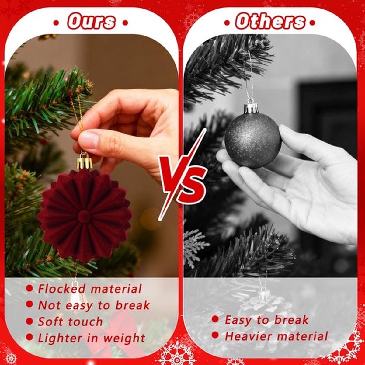 48 Stuks Fluwelen Kerstballen voor Kerstboomversiering | Vlokkige Kerstboomversiering, Onbreekbare Hangende Kerstballen voor Kerstboom, Huisdecoratie, Feestdagen, Bruiloften en Feesten (Bourgogne) – foto 5