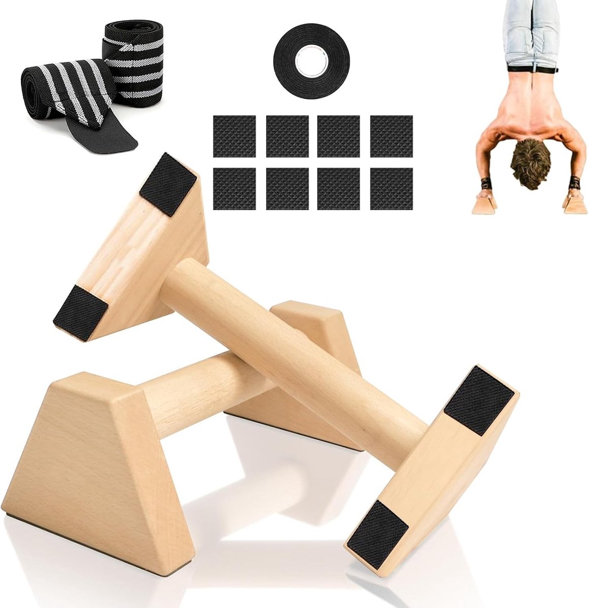 Houten Push Up Handvatten voor Calisthenics, Fitness en Krachttraining - Inclusief Tape en Polsbandjes