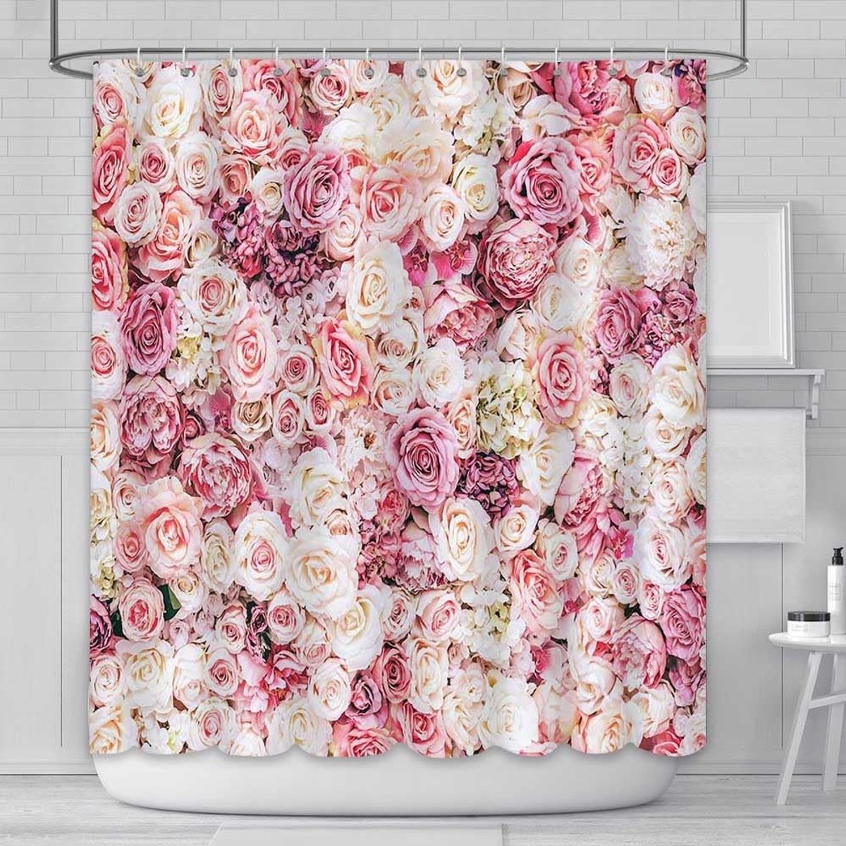180x180cm Roze Bloemen Douchegordijn voor Badkamer - Waterdicht, Duurzaam en Stijlvol Baddecor met 12 Haakjes