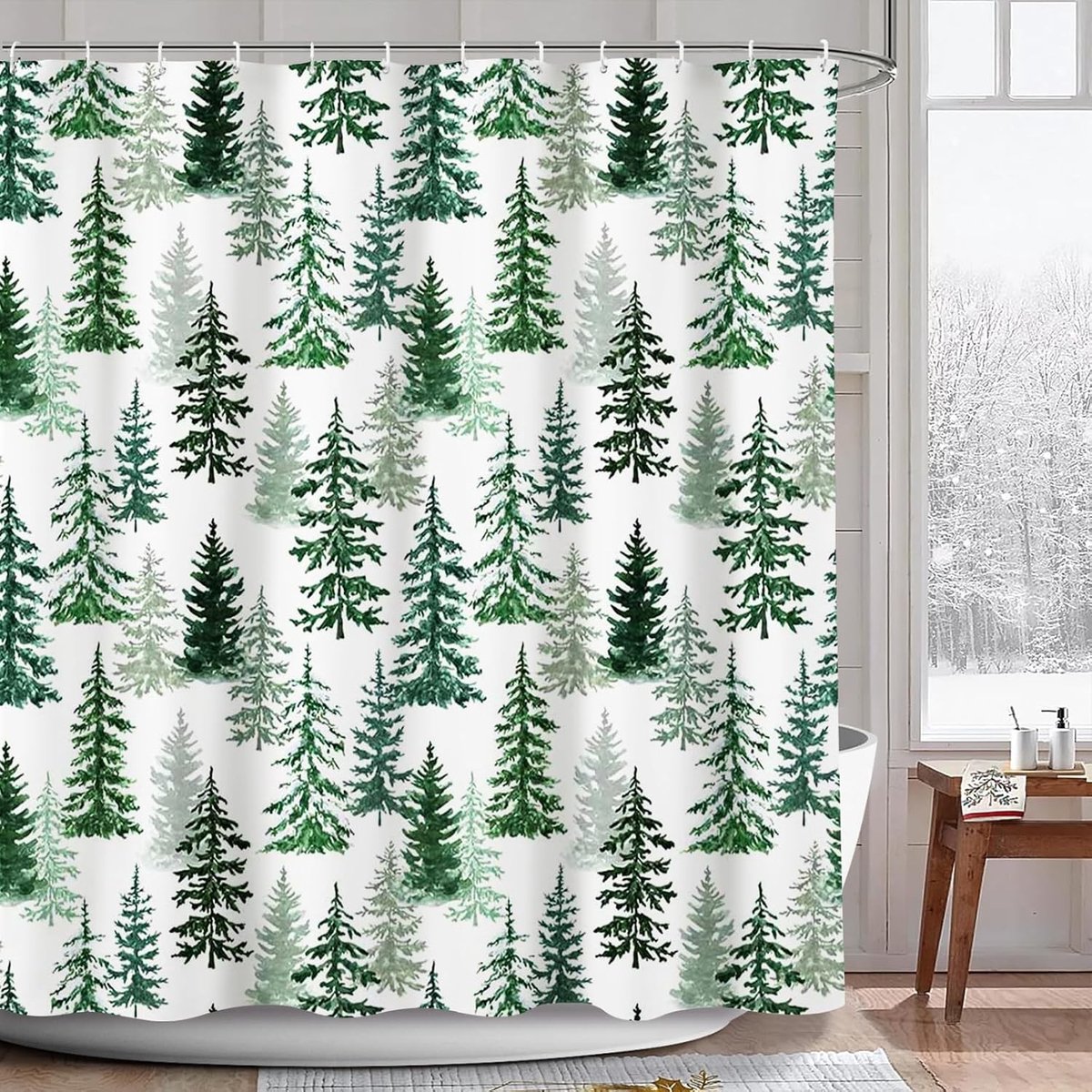 Kerstdouchegordijn voor Badkamer met Winterse Dennenboom en Sneeuwlandschap - 180x180cm, Decoratie voor Feestdagen en Nieuwjaar