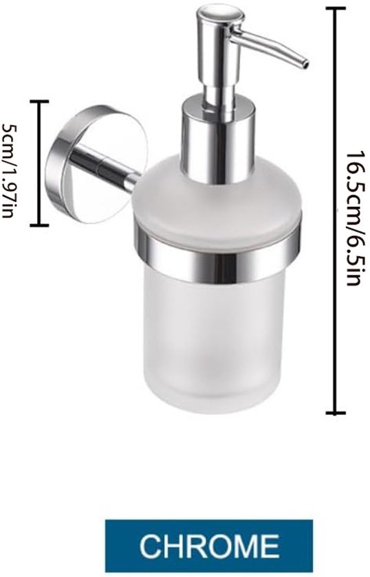 Chroomkleurige zeepdispenser met glazen reservoir, 16,5cm hoog, 5cm breed, met muurbevestiging.