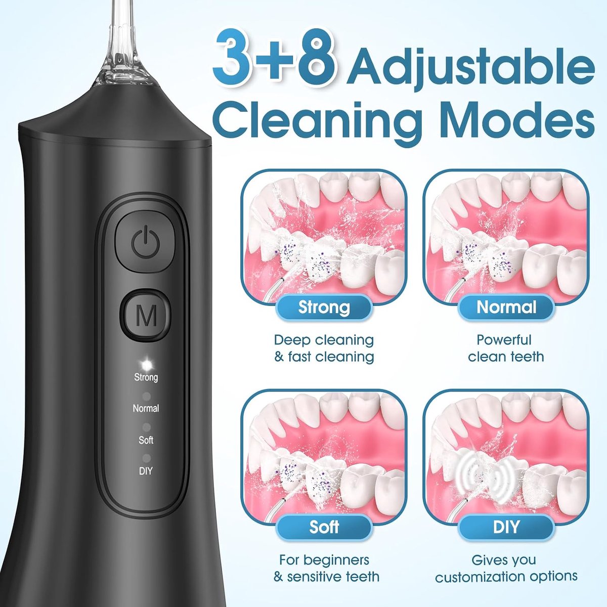 Waterflosser, Draadloze Monddouche met 300 ml Waterreservoir, 4 Reinigingsstanden en 6 Opzetstukken, IPX7 Waterbestendig, Oplaadbare Mondirrigator voor Beugels en Tandvleesverzorging, Thuis en Reizen, Zwart thumbnail 5