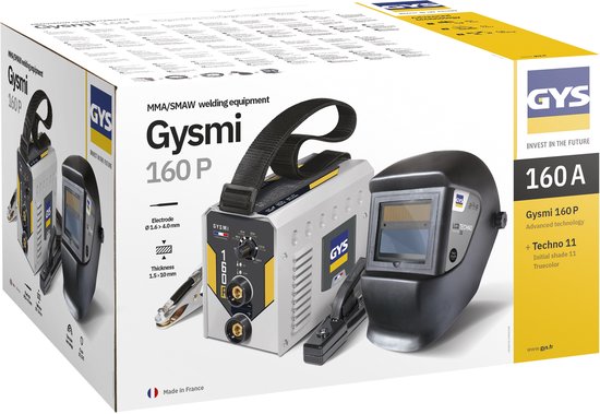 Verpakking van GYSMI 160P lasapparaat met laskap TECHNO 11. Het bevat een lasapparaat, laskap, aardklem en lasklem.