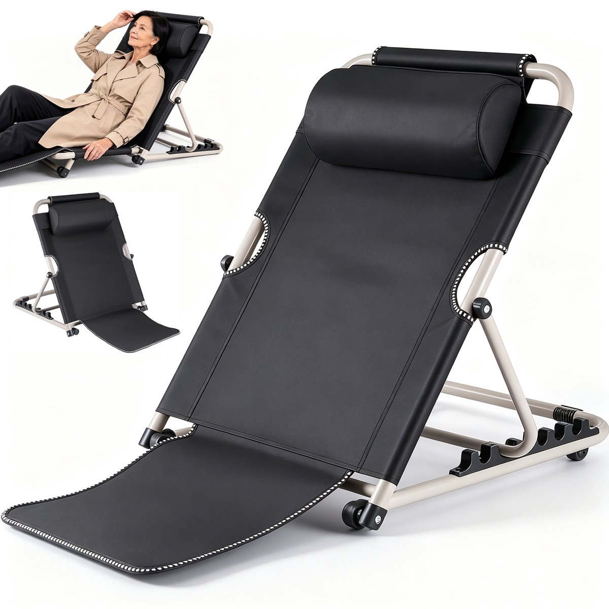 Vloerstoel Inklapbaar met Rugleuning - Opvouwbare Strandstoel - Campingstoel - Loungestoel - Verstelbaar - Afneembare Hoofdsteun - 90x50x50 cm - Vouwstoel Draagbare - Thuis & Buiten - Voor Lezen & Gamen & Ontspannen