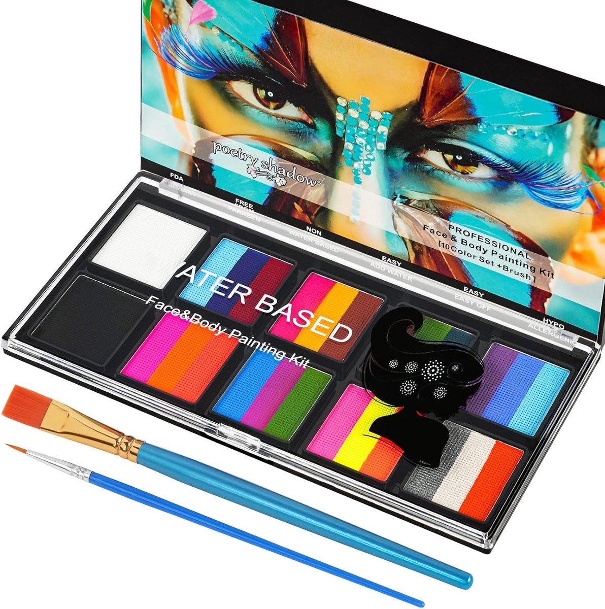 26 Kleuren Regenboog Bodyverf Set voor Kinderen en Volwassenen, Veilig en Niet-Toxisch Waterbasis Verf, Inclusief 2 Kwasten voor Feestmake-up en Cosplay voor Halloween en Kerst