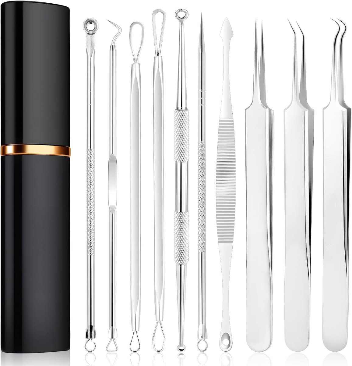 Professionele Comedonen Verwijderaar - 10-in-1 Kit voor het Verwijderen van Comedones, Puistjes en Pustules - RVS Gereedschap voor Thuisgebruik en Gezichtsverzorging
