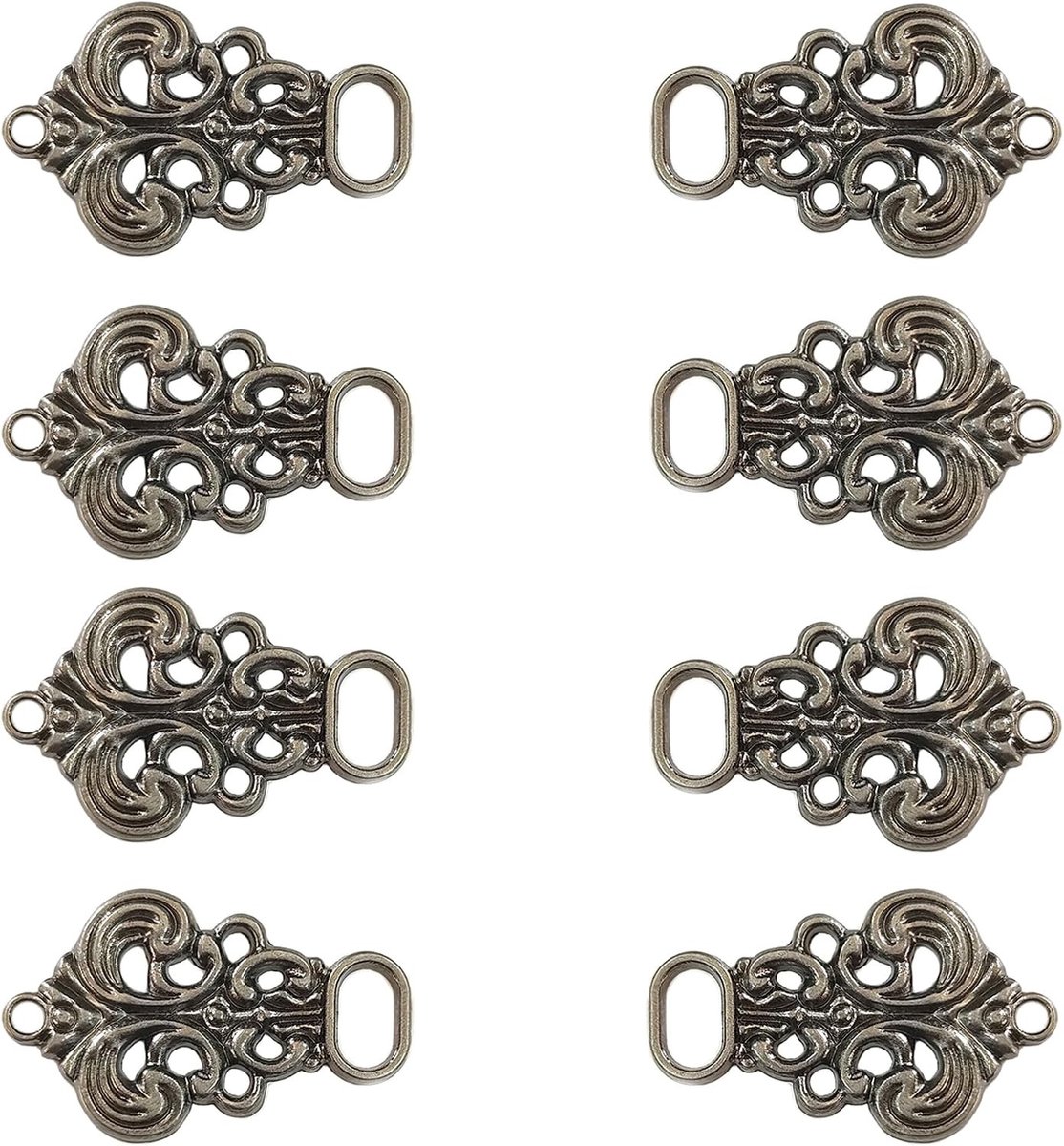 Set van 8 metalen korsethaken en dirndl knopen, antiek zilveren sluitingen voor traditionele kostuums, maat S, 33 mm x 21 mm
