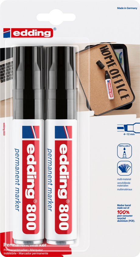 Twee zwarte edding 800 permanente markers met beitelpunt in verpakking, met tekst 'Permanent marker' op de stift.