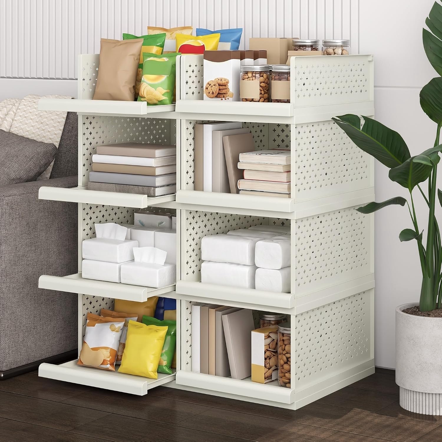 Garderobe-organizer, 8 stuks, 32,5 x 42,5 x 163 cm, stapelbare kastladen met volledig uittrekbare plank, grote dozen, organizermand voor kleding, slaapkamer