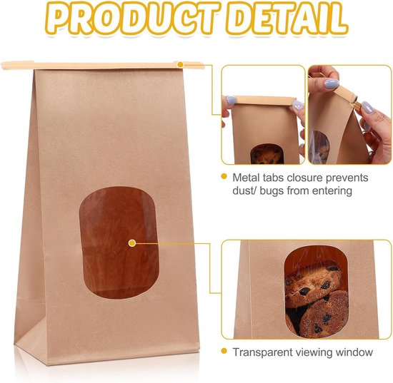 25 stuks papieren zakken met venster, bruine koekjeszakjes van kraftpapier, 17 x 9 x 6 cm, kleine koekjeszakjes met venster, kraftpapieren zakjes, cadeauzakjes met stickers, voor snoep — afbeelding 5
