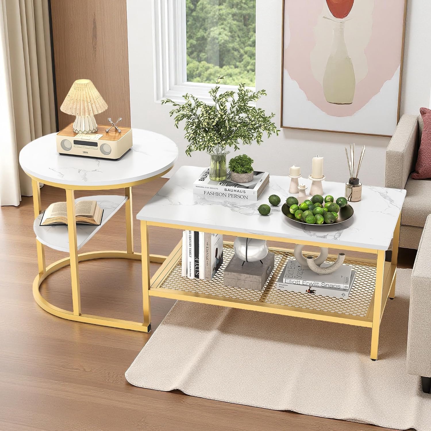 Set van 2 salontafels, bijzettafel, marmerlook met metalen frame en plank, moderne nesting, koffietafel, bijzettafel, woonkamertafel, ronde koffietafel en rechthoekige banktafel (goud)