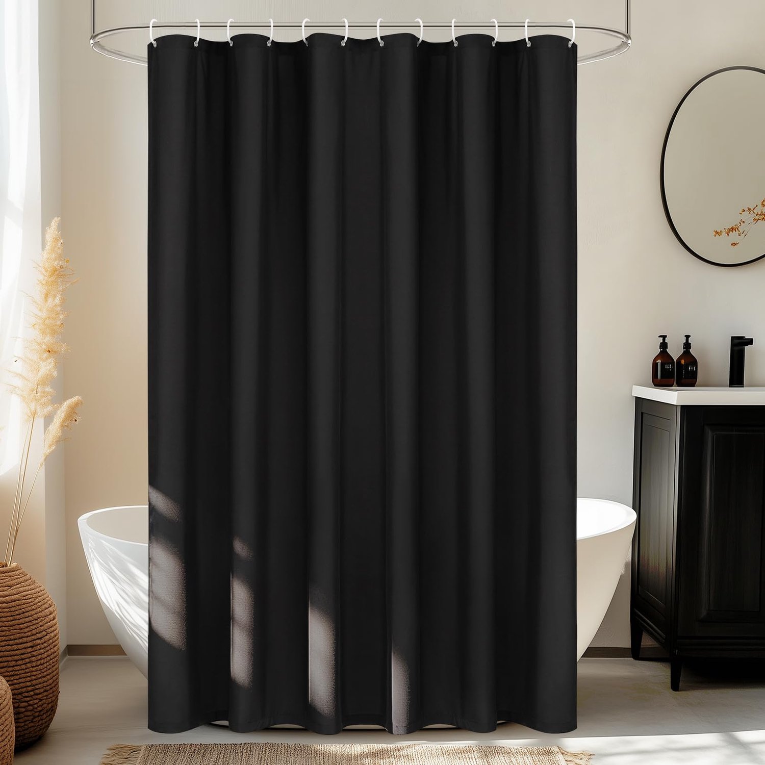 EurCross Waterdicht douchegordijn, 180 x 180 cm, opgeruwd textiel, 2-in-1 douchegordijnen, zwart, wasbaar, TPU-gelamineerde achterkant, badgordijn met