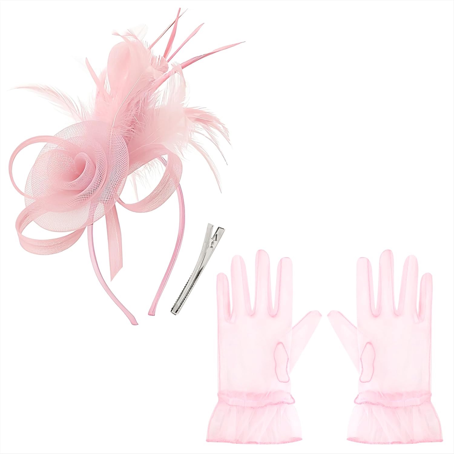 Fascinatorhoed en handschoenen van kant voor meisjes en dames, hoofdsieraad met veren en netbloemen voor gelegenheden zoals bruiloften, tuinfeesten en verjaardagen