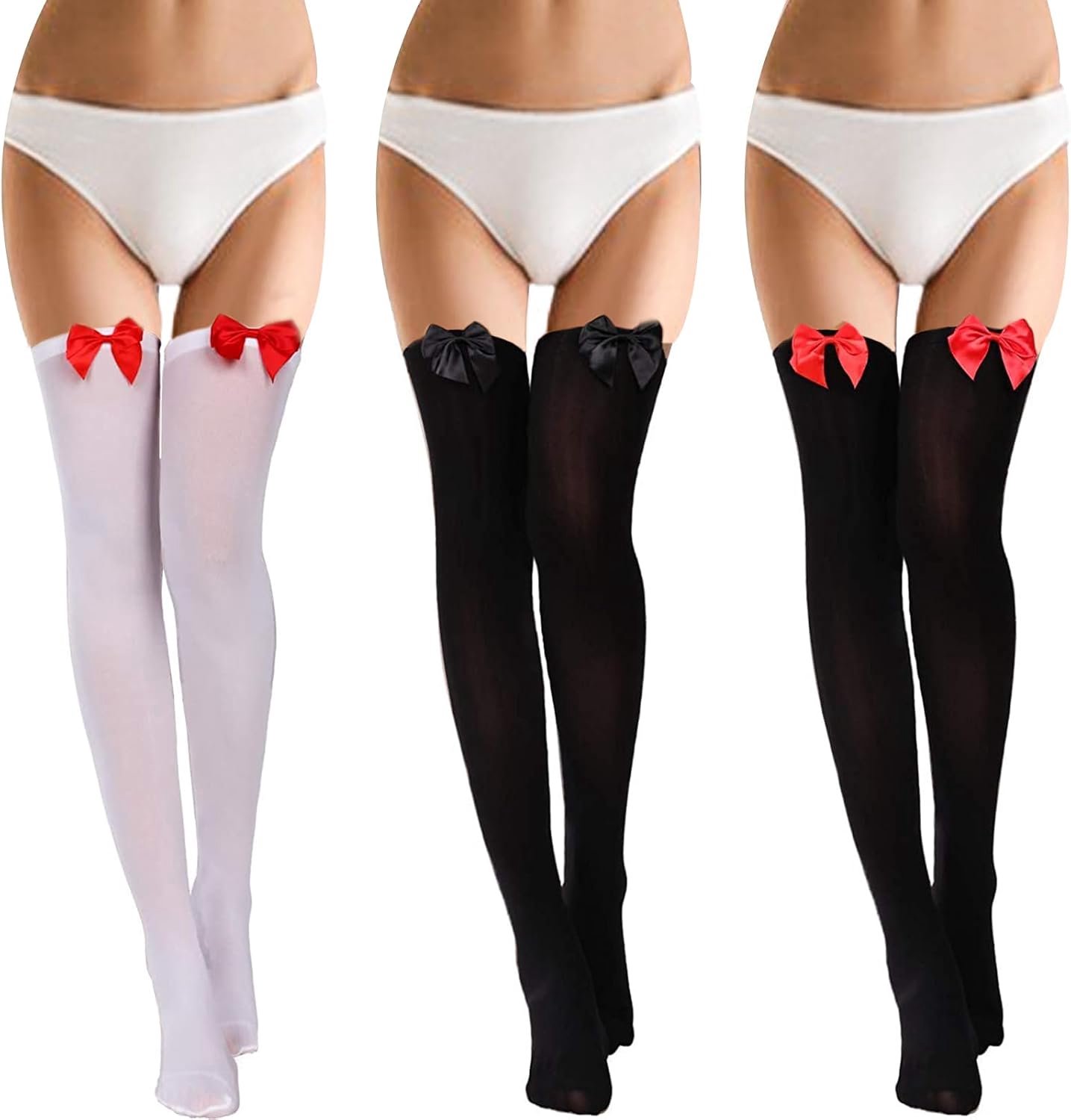 3 paar dijkousen, dijkousen, met strik, kniehoge sokken, extra lange sokken voor dames, voor Halloween, Kerstmis, cosplay, 3 paar