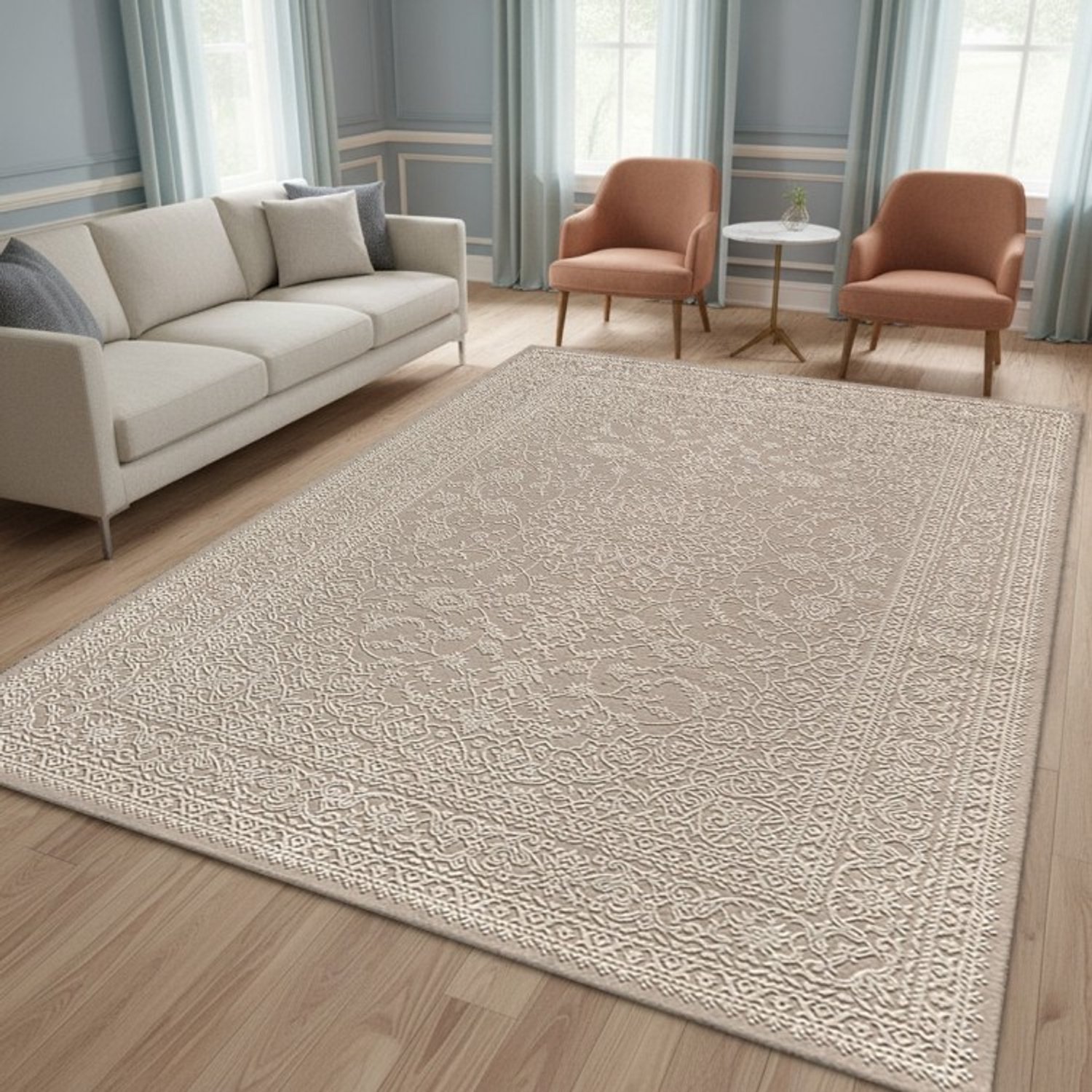 TapisTrend Designer tapijt Beige 80x150 cm Modern oosters vloerkleed met reliëf bloemenmedaillon, wasbaar, geschikt voor woonkamer en slaapkamer