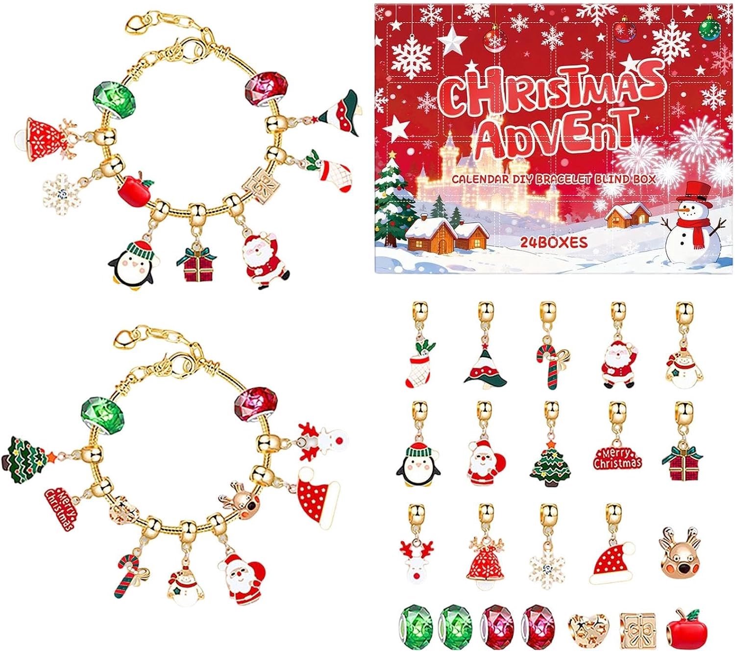 HisKes Adventskalender 2026 vrouw - DIY-aftelkalender van 24 dagen – DIY knutselpakket voor armbanden – Kerstcadeau voor meisjes en kinderen –Kerstmanarmband – Rood