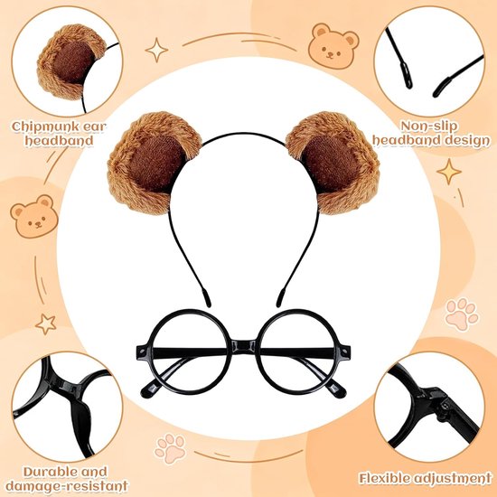 2 stuks accessoires Chipmunk set, haarbanden met oren, brilmontuur voor cosplay, Halloween, carnaval, themafeest — afbeelding 3