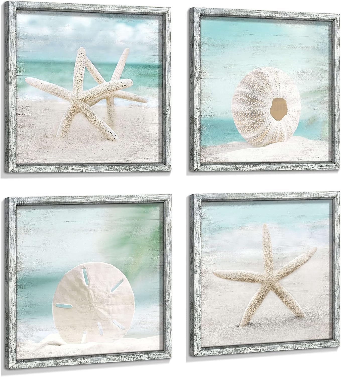 Strand ingelijste houten kunst aan de muur: oceaan kunstwerk set van 4 zeesterren Seashell & Sand Dollar Pictures Prints Zeegezicht Wall Decor voor slaapkamer