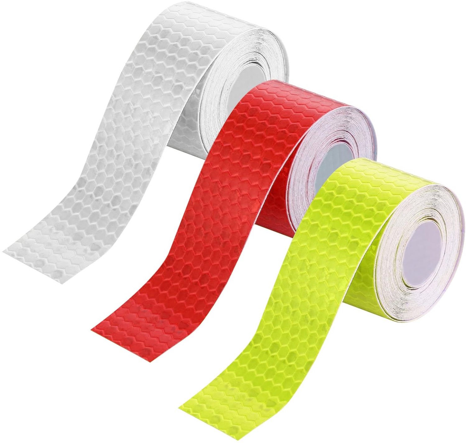 Set van 3 Reflecterende Plakbanden 2 cm x 3 m in Rood, Geel en Wit, Waterdicht voor Voertuigen, Helmen en Kleding