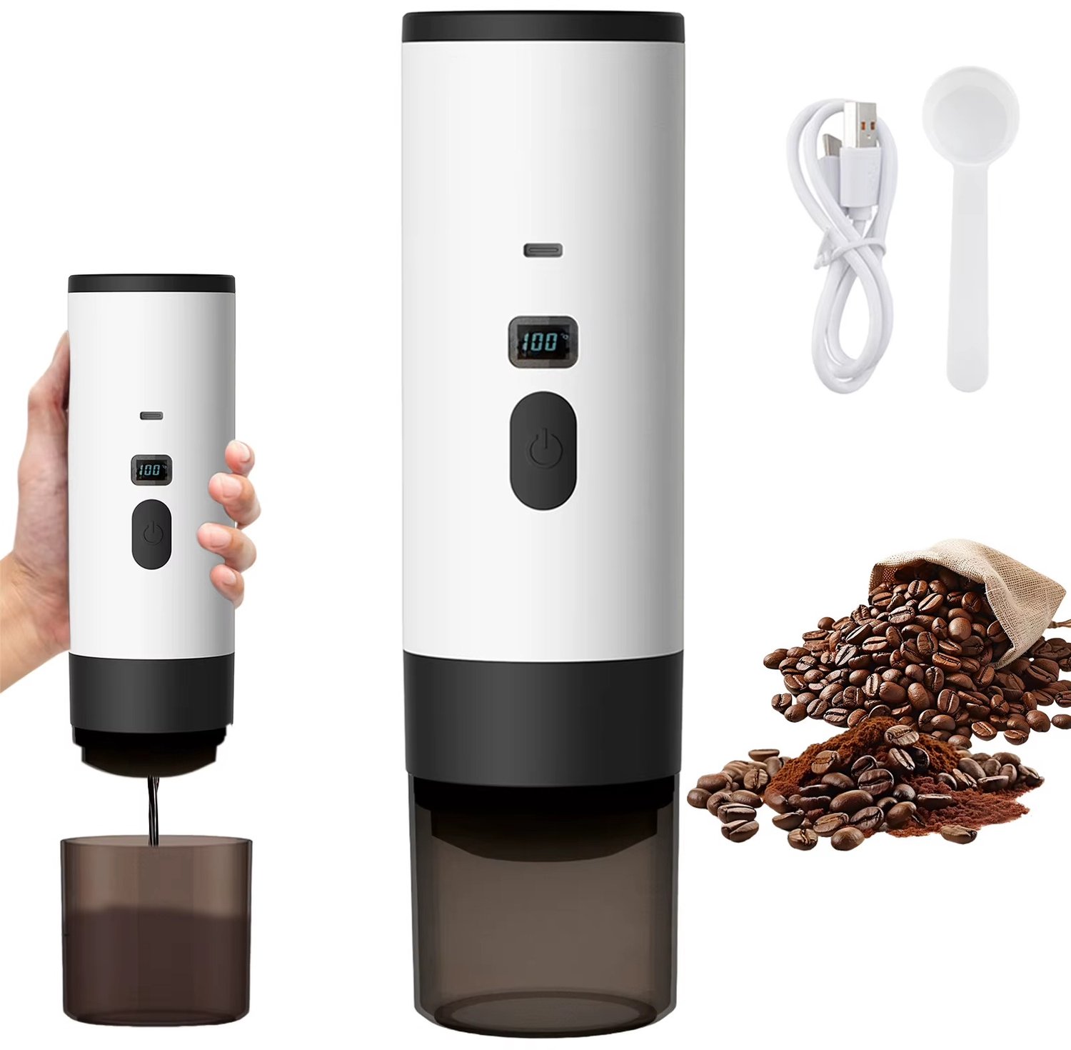 CreateEcom koffiezetapparaat - koffieapparaat - draagbare koffiemachine - 3-in-1 capsulekoffiezetapparaat - draagbaar espressoapparaat, -15 bar - oplaadbaar - voor thuis, op kantoor en tijdens het kamperen - wit