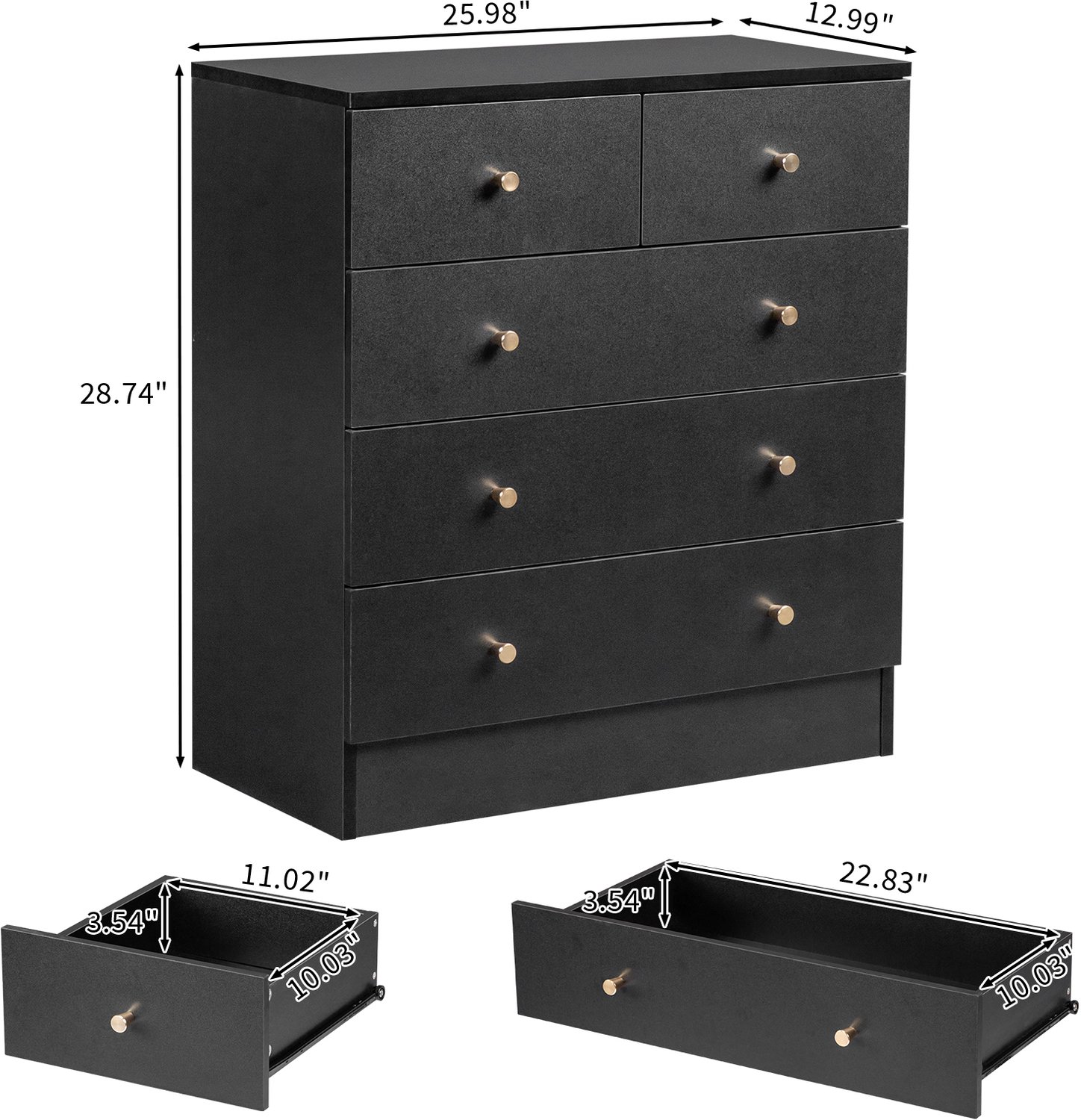 LEADZM Ladekast met 5 lades - Zwart - 66 x 33 x 73 cm - met handgrepen