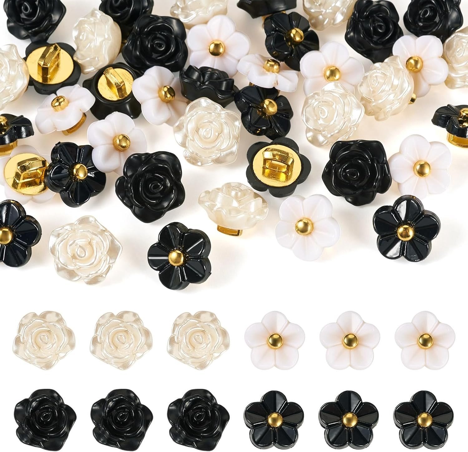 40 Stuks Camellia Bloemen Knopen - Zwarte en Witte Plastic Knopen voor DIY Naaiprojecten, Creatief Handwerk en Kostuumaccessoires