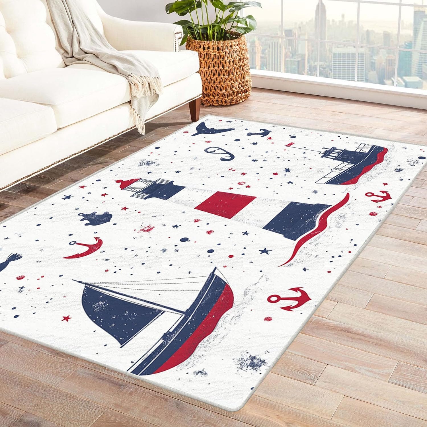 Tapijt, vintage, bohemian, voor kinderkamer, nautische oceaan, antislip, decoratief, gemakkelijk te reinigen, voor slaapkamer, keuken, woonkamer, blauw, 150 x 180 cm