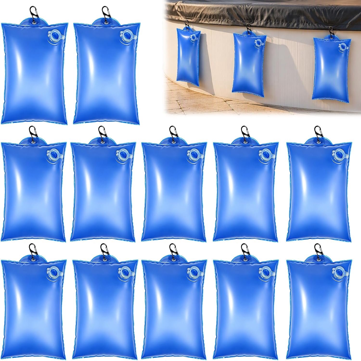 Zwembadafdekking, gewichten, waterzak, 12 stuks hangtassen, zwembadafdekkingen, zwembadwaterzak met karabijnhaak, zwembadafdekking, hangende tas (30 x 20 cm, blauw)