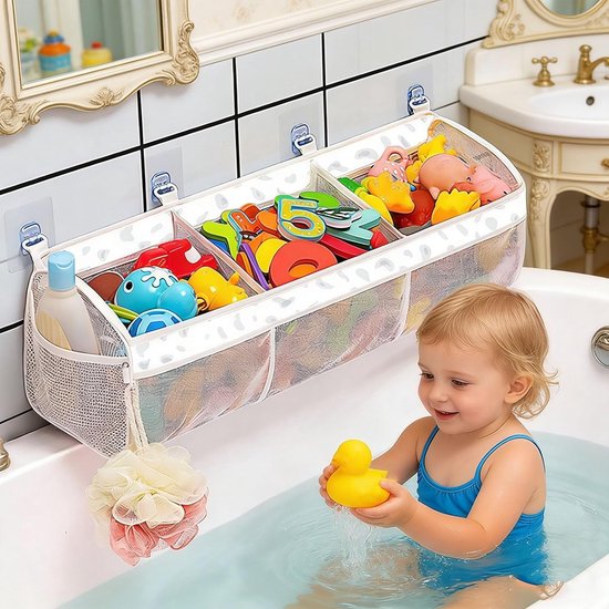lyrlody Extra Grote Badspeelgoedorganizer, Hoogwaardig Polyester met Sneldrogend Gaas voor Eenvoudige Installatie en Reiniging in de Kinderbadkamer (Wit Luipaardpatroon Drie Raster) — afbeelding 2