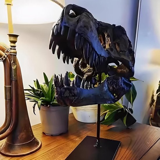 Hars Dinosaurus Schedel Sculptuur, Dinosaurus Tand Schedel Fossiel met Standaard Hoofd Standbeeld Schedel Ornamenten voor Haunted House Thuis Bar Feest Tafeldecoraties, Bruin — afbeelding 4