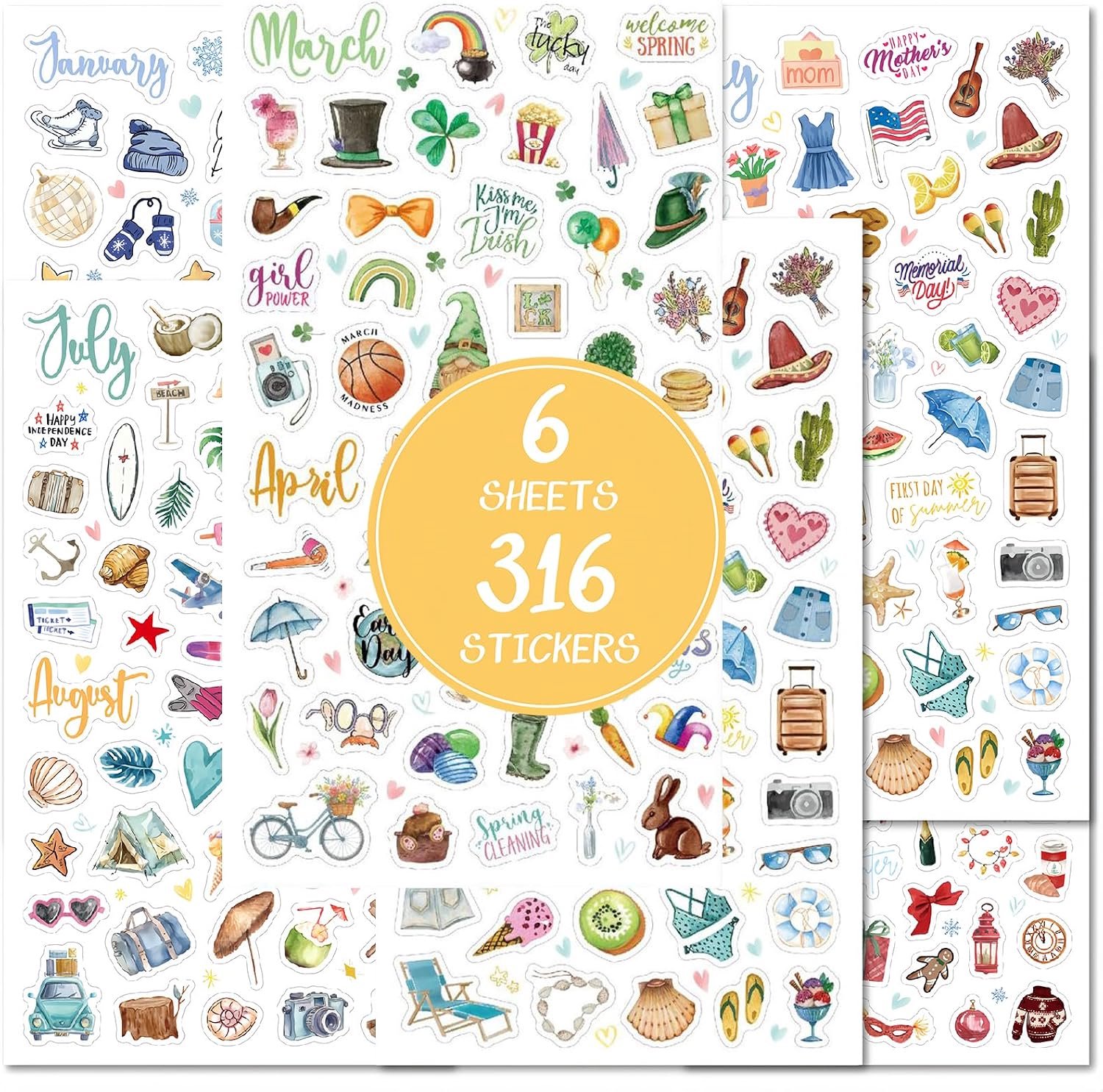 Seizoenen Stickerset 6 vellen 316+ seizoenen glitterstickers, zelfklevend, kleurrijk voor planners, stipdagboeken, scrapbook, notitieboeken, DIY-projecten