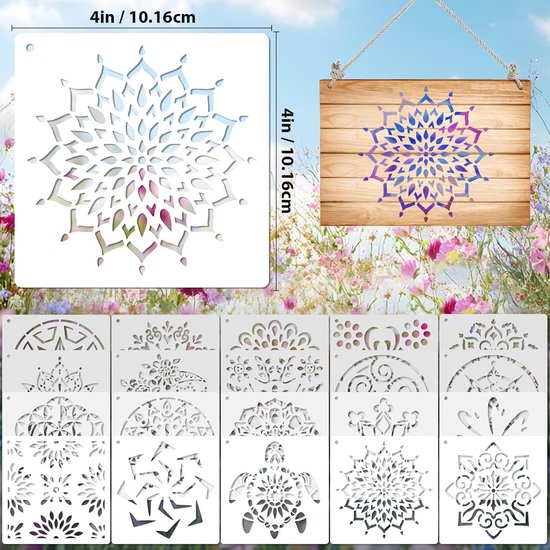 20 stuks 10 x 10 cm mandala-sjablonen voor schilderen op hout, vloer, muur, tegelstof, herbruikbare meubelsjablonen, schildersjabloon, mandala-sjabloon voor doe-het-zelf rotskunstprojecten, decoratie — afbeelding 4