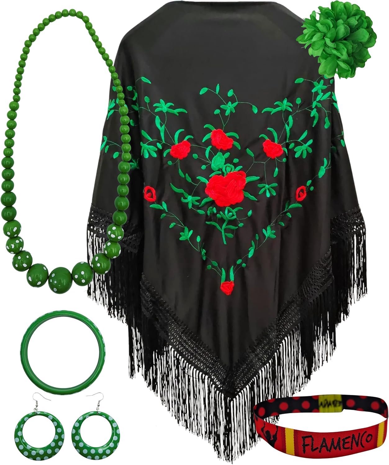 Manila-sjaal met accessoires: Manila-sjaal met geborduurde bloemen, haarspeld, halsketting, armband en oorbellen met flamingo's en stoffen armband.