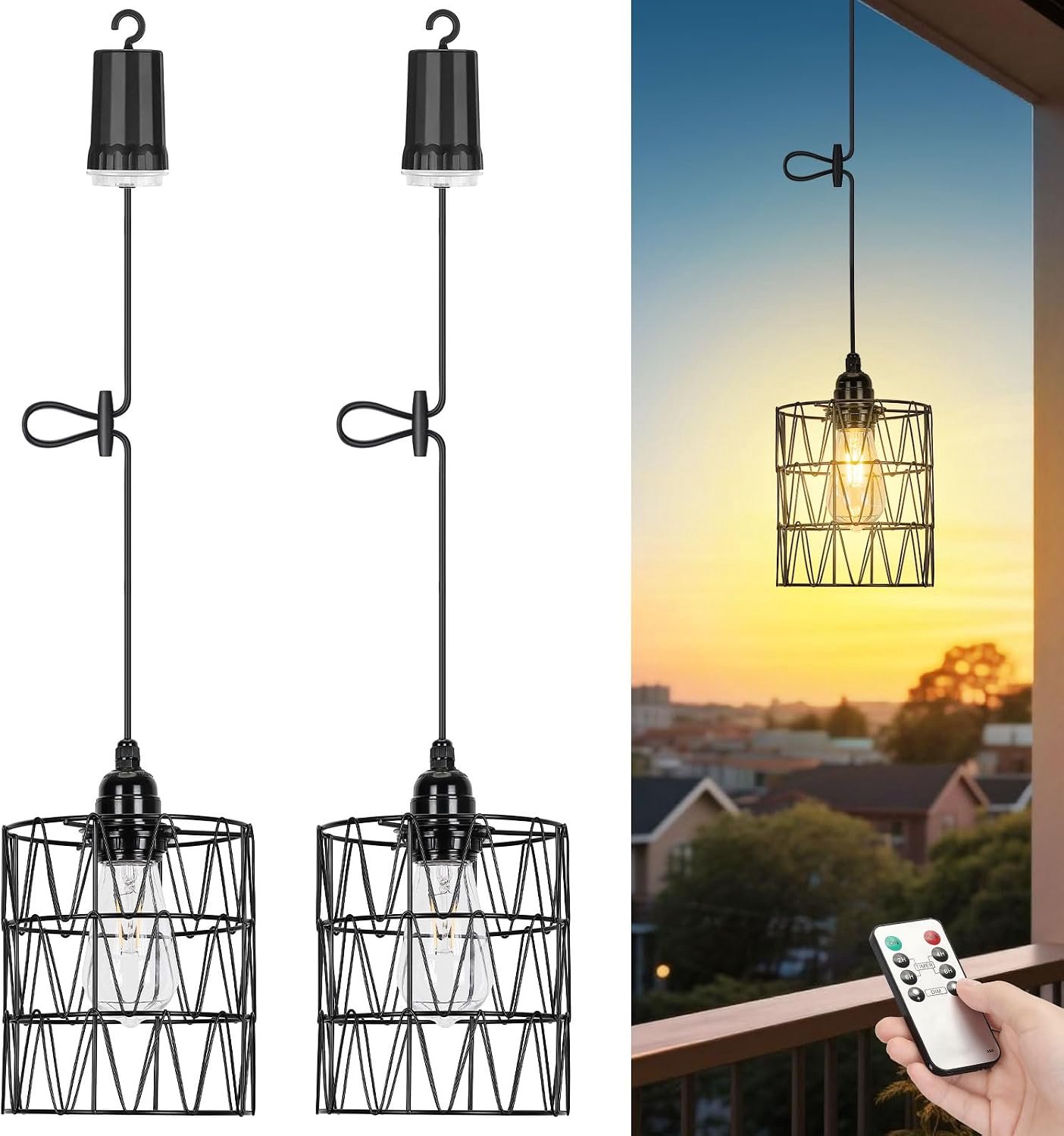 Draadloze Hanglamp op Batterijen E27 Metalen Design Kap met Afstandsbediening Dimbare Timer 4/6/8 Uur voor Woonkamer Slaapkamer Binnen of Buiten (Exclusief batterijen en peertje) Cilindrische