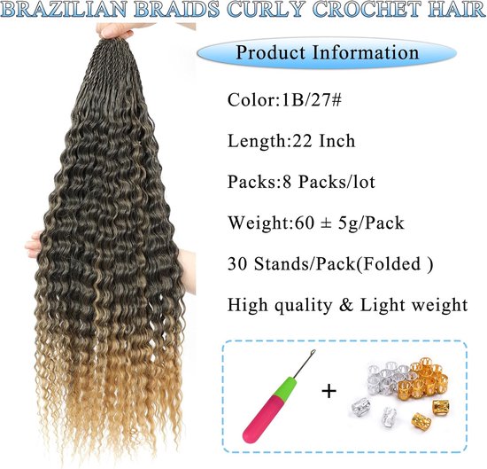 Pre Looped Micro Krullend Gehaakte Haar 8 Packs Braziliaanse Afro Kinky Gehaakte Haarextensies Zwarte Vlechten Hair Extensions Diepe Golf Synthetische (1B/27, 22 Inch (Pack of 8)) — afbeelding 5