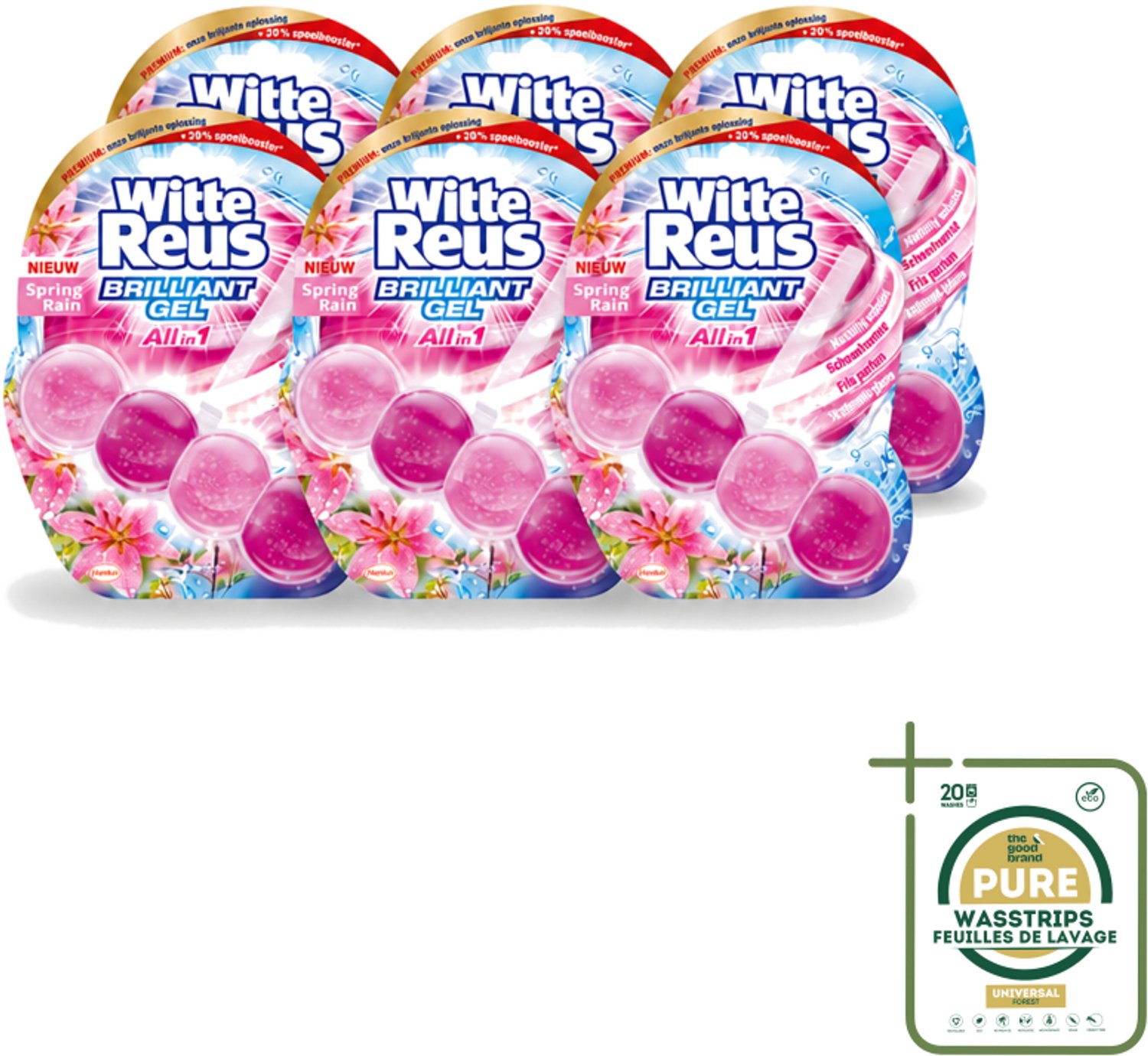 6 x Witte Reus - Toiletblok Brilliant Gel - Spring Rain - 1 Toiletblok - Wasstrips - Toiletblok - Reinigingsgel - Frisheid - Schoonmaak - Hygiëne