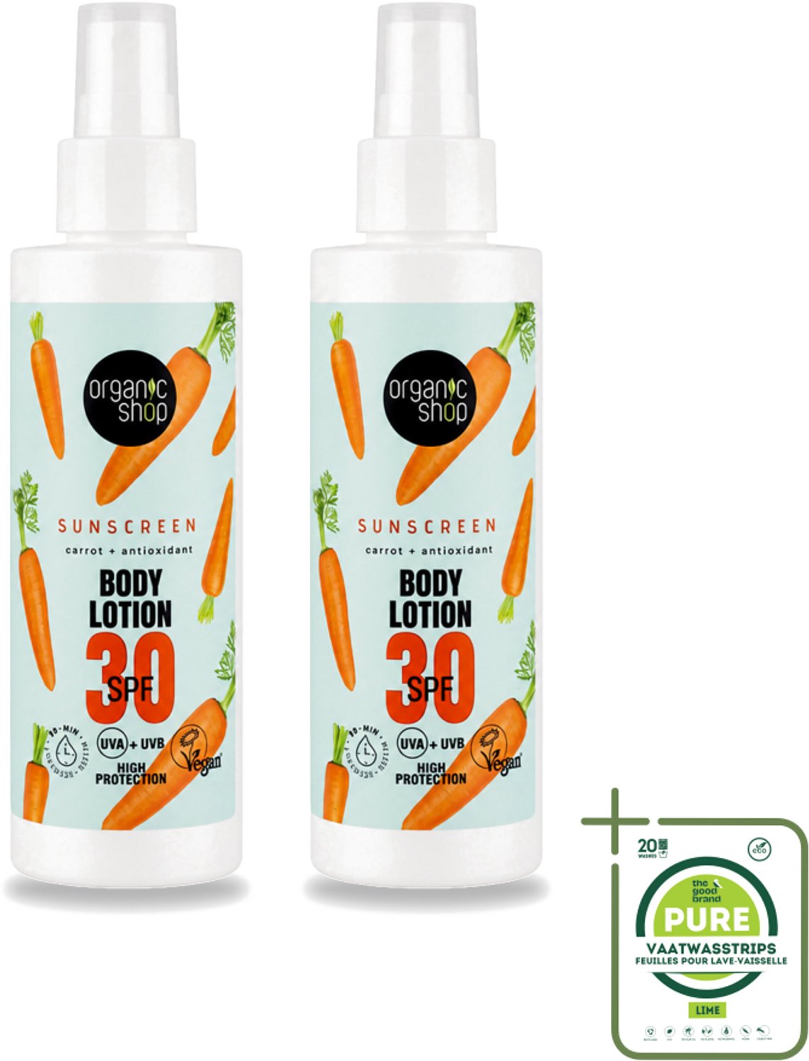 2 x Organic Shop - Zonnebrandcrème SPF 30 - Bescherming tegen de Zon - 150 ml - Grootverpakking - Vaatwasstrips - Zonbescherming - Zonnebrandcrème - SPF 30 - Natuurlijke Zonbescherming - Antioxidanten
