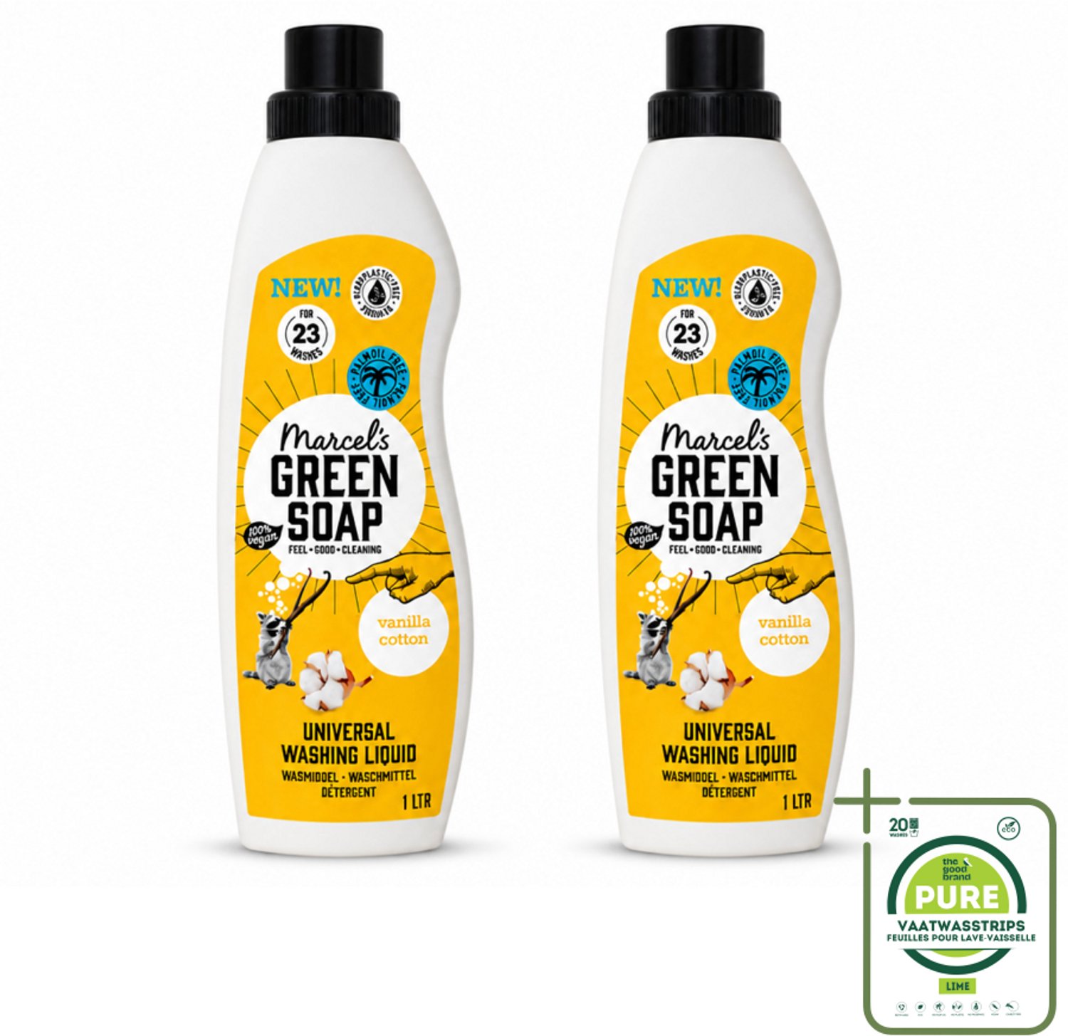 2 x Marcel's Green Soap - Vloeibaar Wasmiddel - Katoen & Vanille - Effectief & natuurlijk - 23 Wasbeurten - 1 Liter - Grootverpakking - Vaatwasstrips - Wasmiddel - Natuurlijke Zeep - Milieuvriendelijk - Katoen En Vanille - Schoon Wasgoed