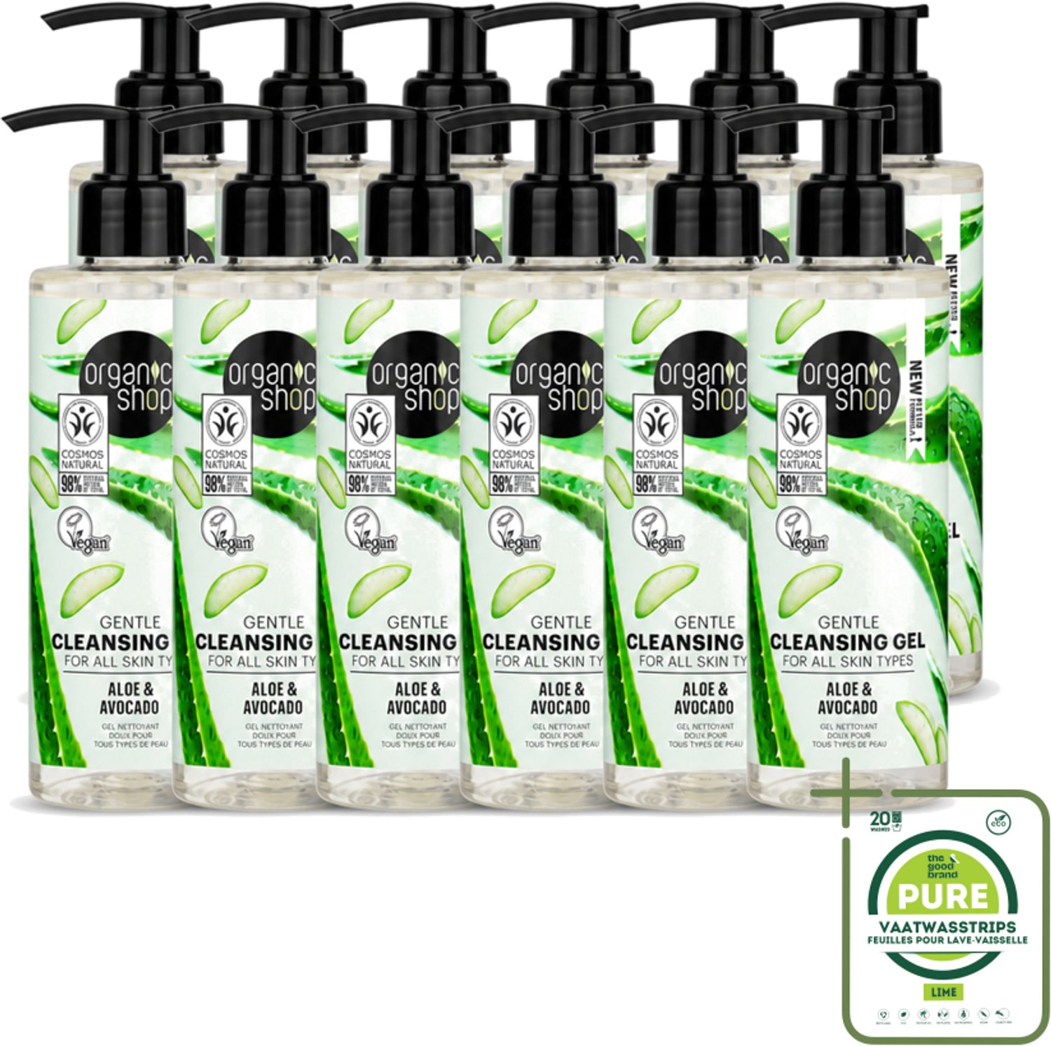 12 x Organic Shop - Cleansing Gel Avocado & Aloe - Verfrissend en Hydraterend - 200 ml - Grootverpakking - Vaatwasstrips - Gezichtsreiniger - Natuurlijke Reiniging - Avocado-olie - Aloë-extract - Hydraterende Gel
