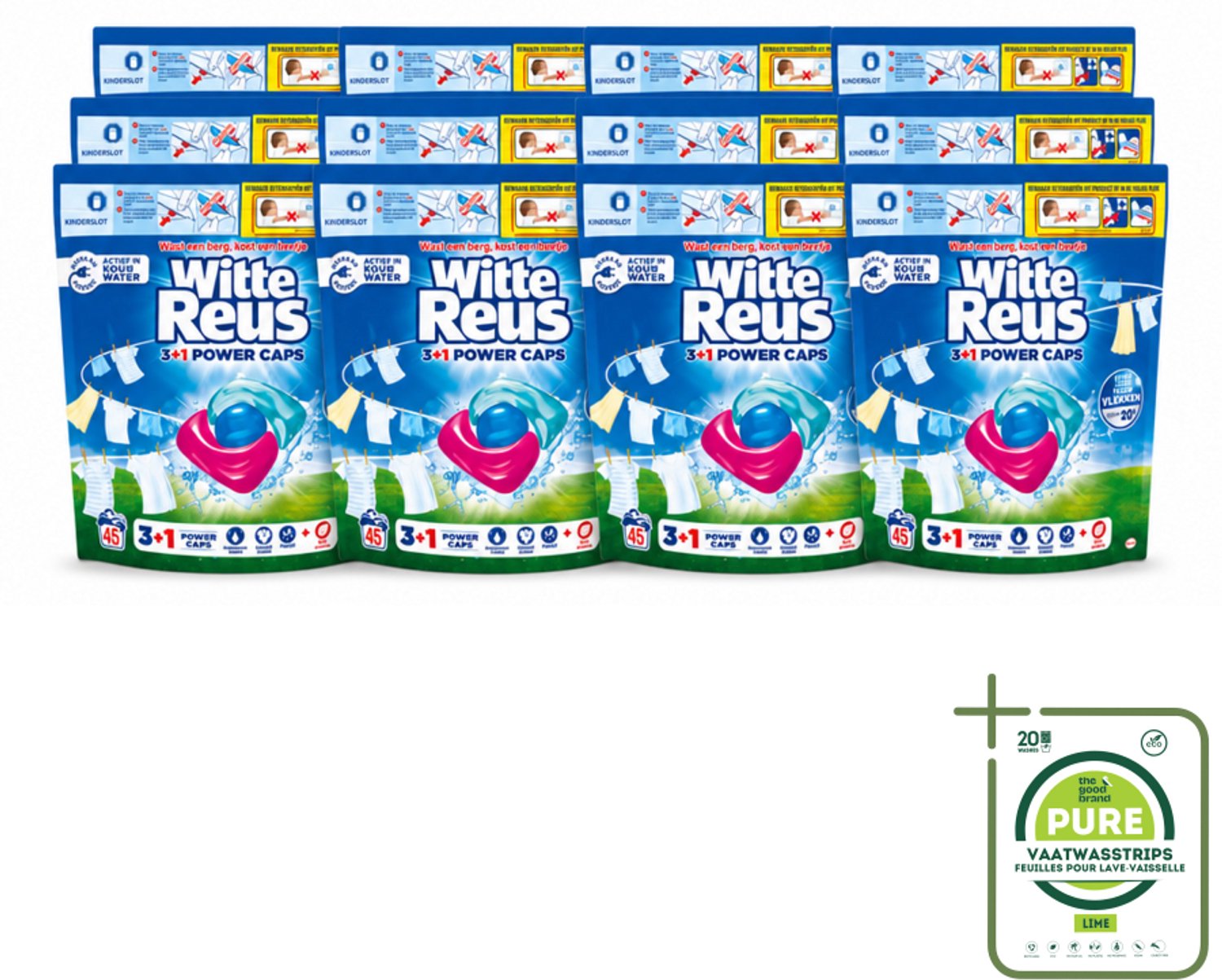 12 x Witte Reus - 3+1 Power Caps - Witte Was - 45 Wasbeurten - Grootverpakking - Vaatwasstrips - Witte Reus Power Caps - Waskracht - Witte Wasgoed - Lichtgekleurd Wasgoed - Vlekverwijdering