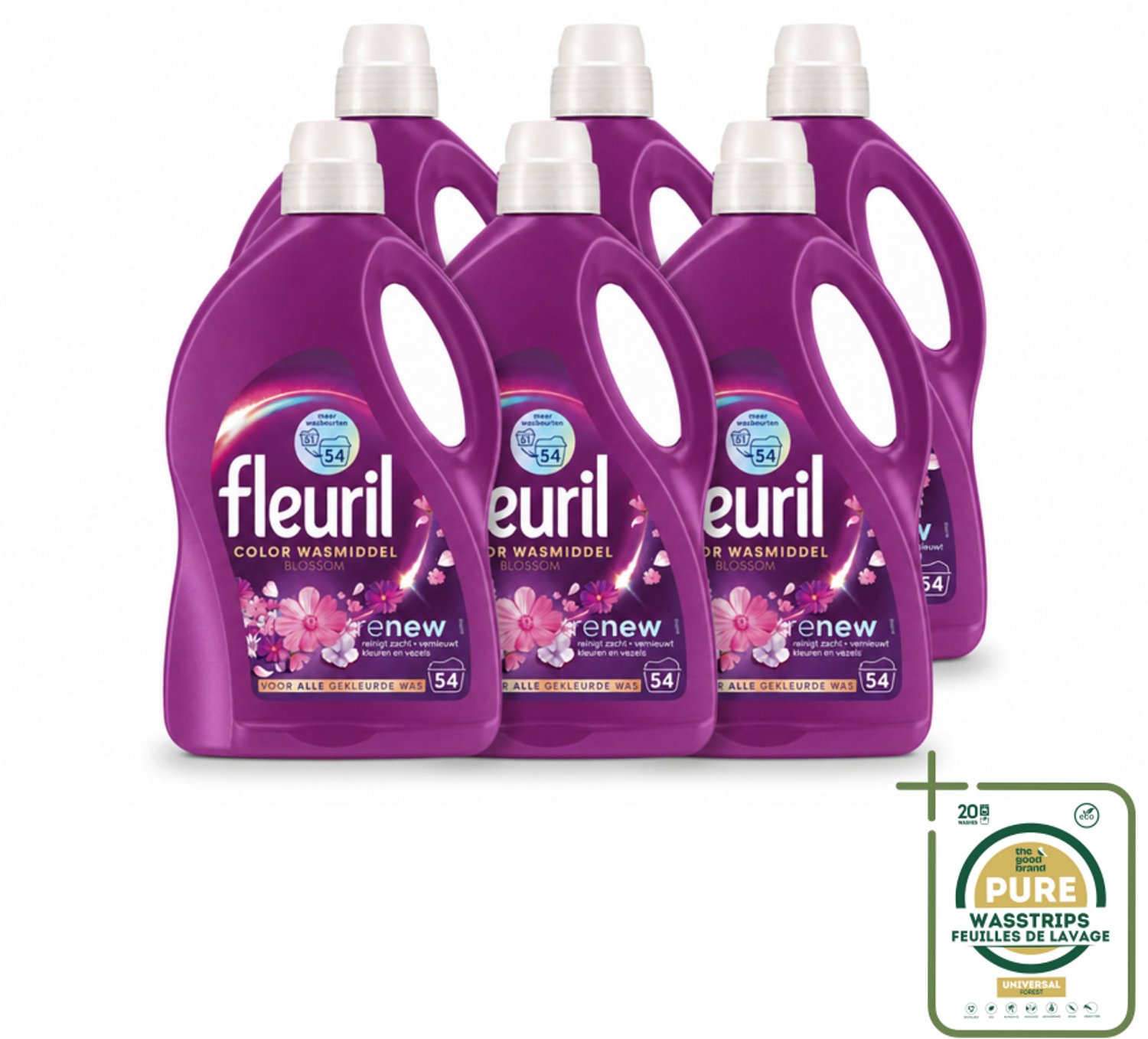 6 x Fleuril - Wasmiddel - Color Blossom Vloeibaar Wasmiddel - Kleurbehoud & Bloemige Geur - 54 wasbeurten - Wasstrips - Kleurbehoud - Bloemige Geur - Wasmiddel - Vloeibaar Wasmiddel - Gekleurde Was