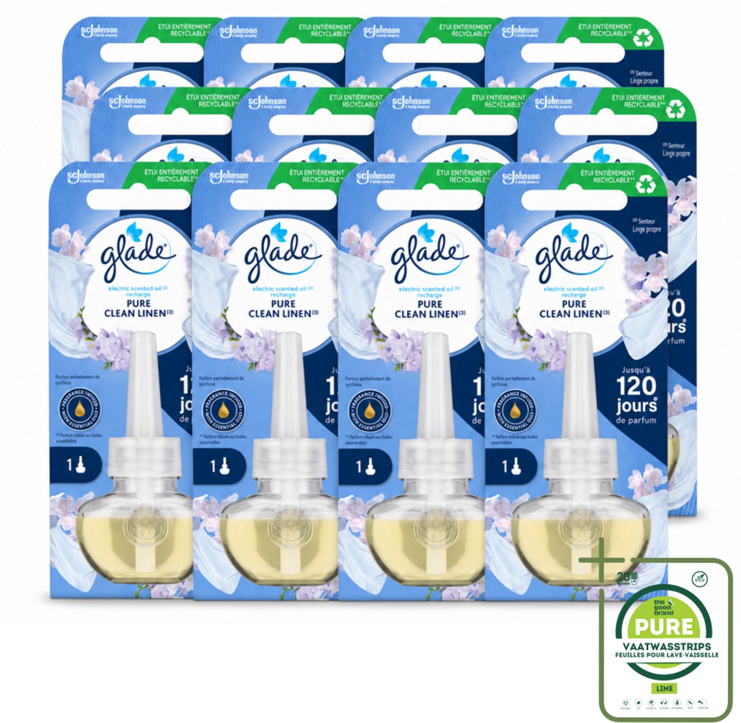 12 x Glade - Navulling Elektrische Olie - Pure Clean Linen - Zonder Houder - Grootverpakking - Vaatwasstrips - Geur - Linen - Sfeer - Geurafgifte - Essentiële Oliën