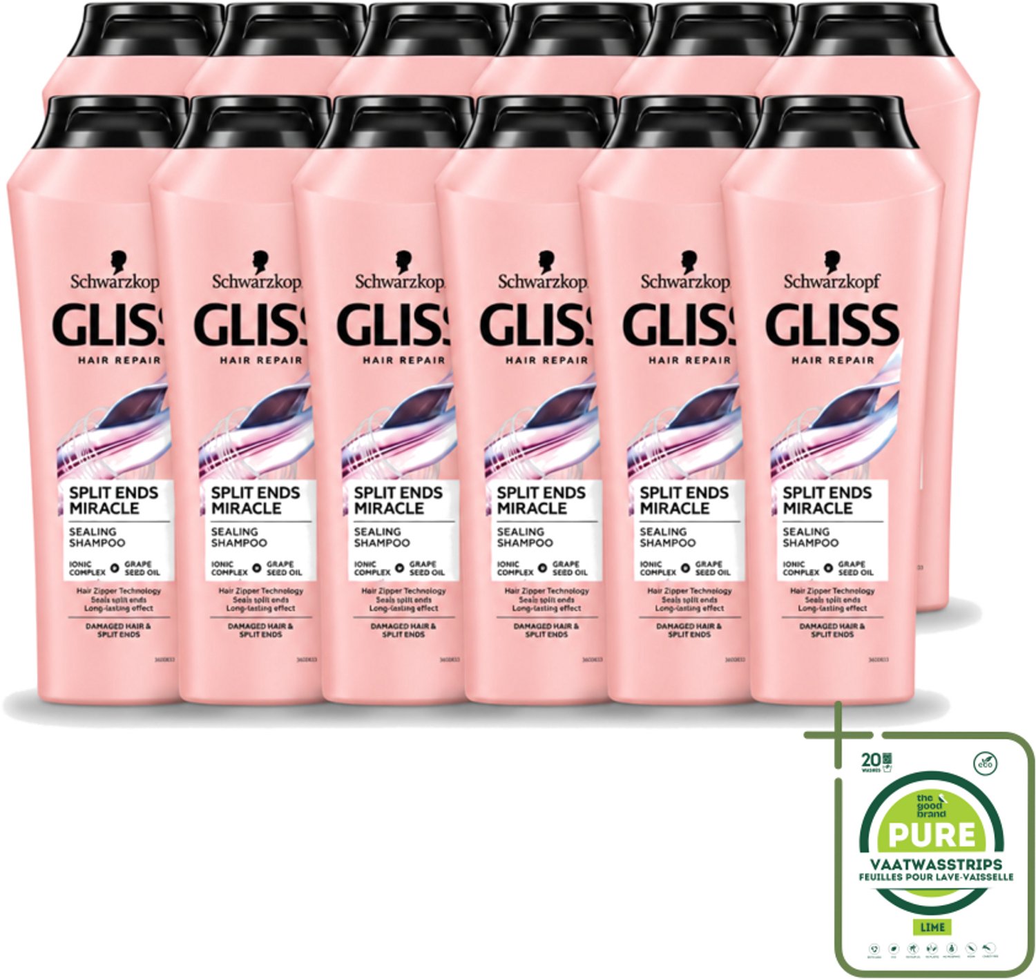 12 x Gliss - Shampoo - Split Hair Miracle - Voor Beschadigd Haar - 250 ml - Grootverpakking - Vaatwasstrips - Gespleten Haarpunten - Haarherstel - Beschadigd Haar - Droog Haar - Haarverzorging